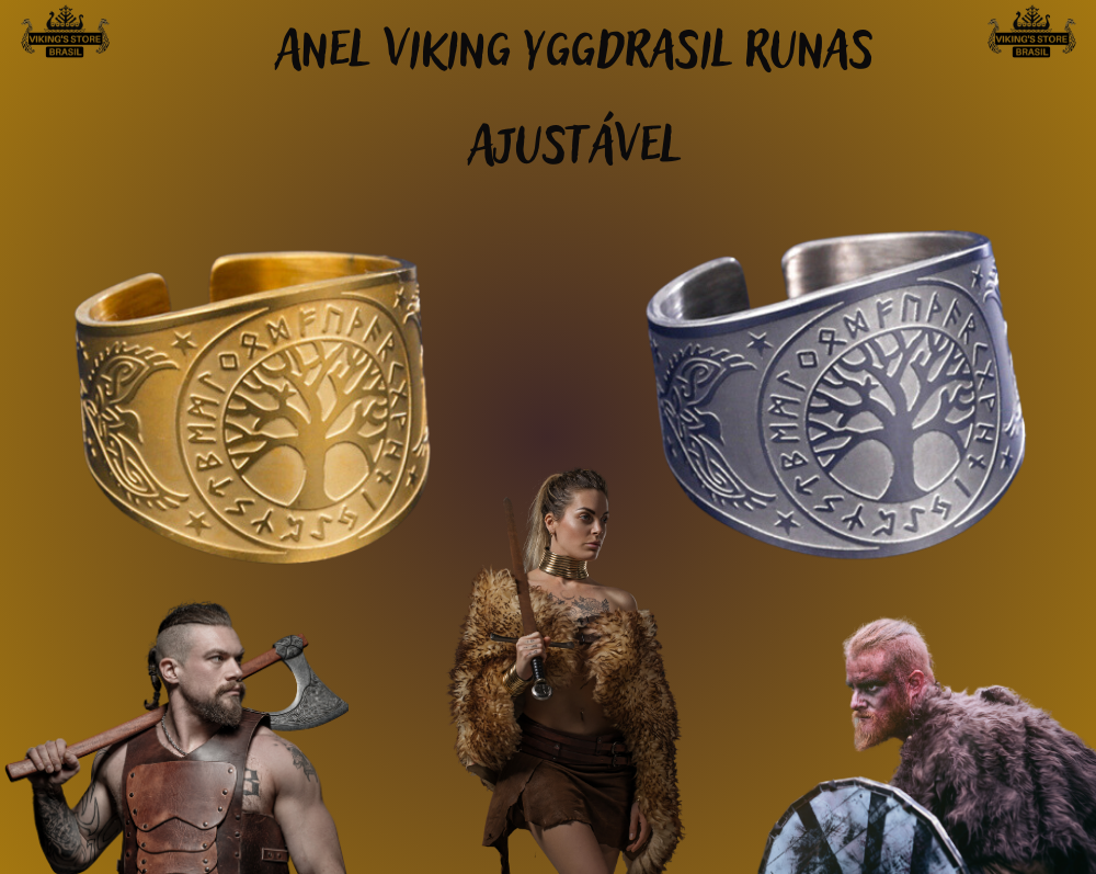 Anel Viking Yggdrasil Runas Ajustável