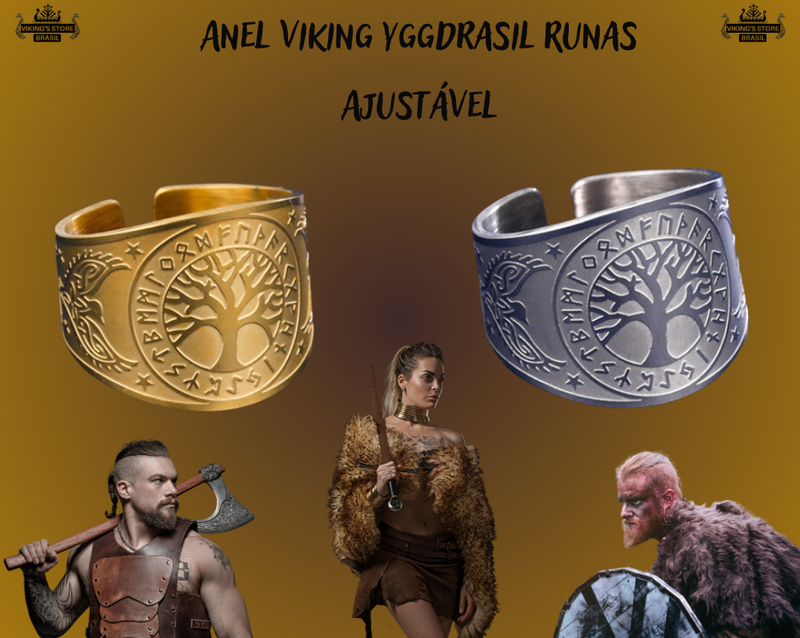 Anel Viking Yggdrasil Runas Ajustável