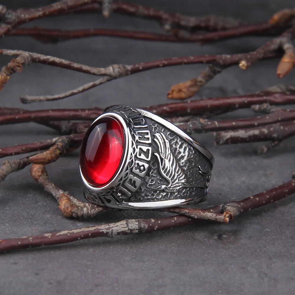 Anel Viking Wolf Pedra Vermelha