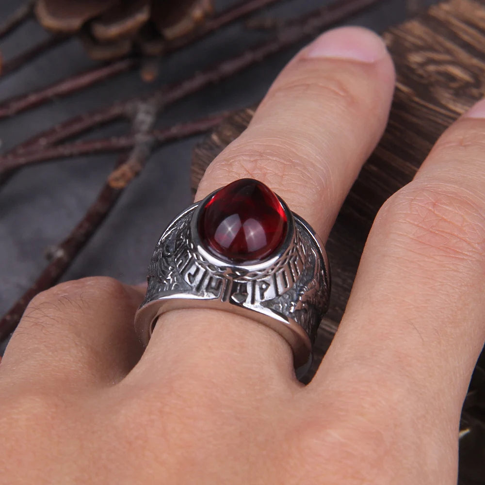 Anel Viking Wolf Pedra Vermelha