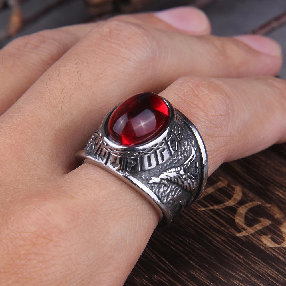 Anel Viking Wolf Pedra Vermelha