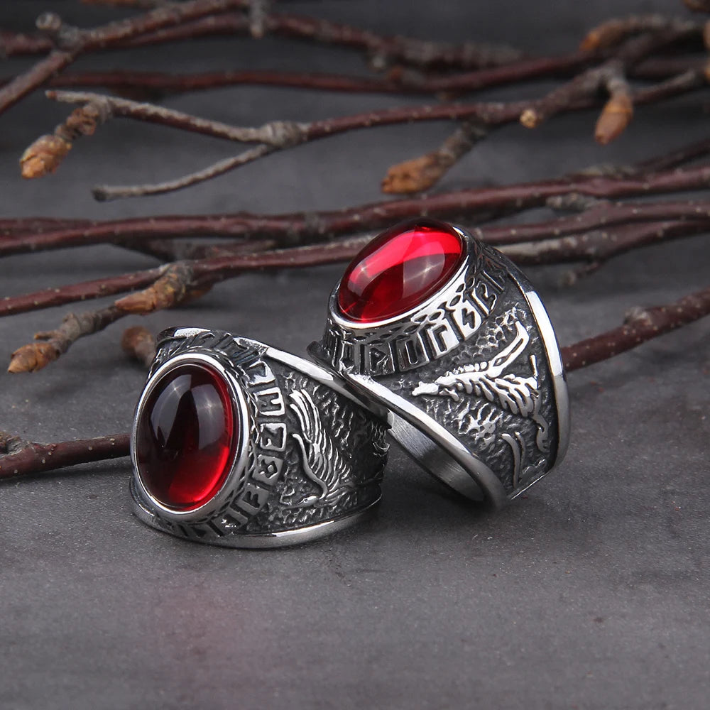 Anel Viking Wolf Pedra Vermelha