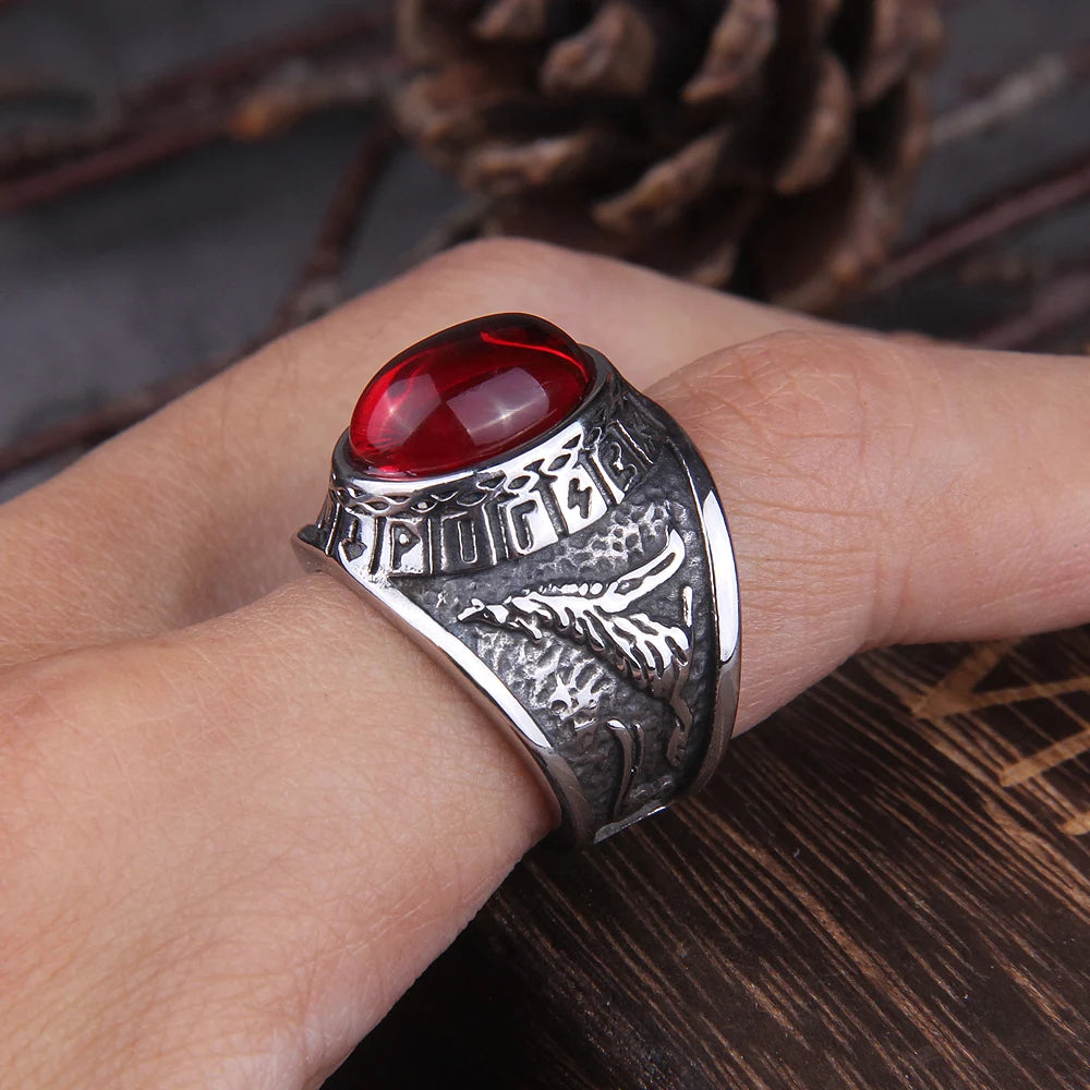 Anel Viking Wolf Pedra Vermelha