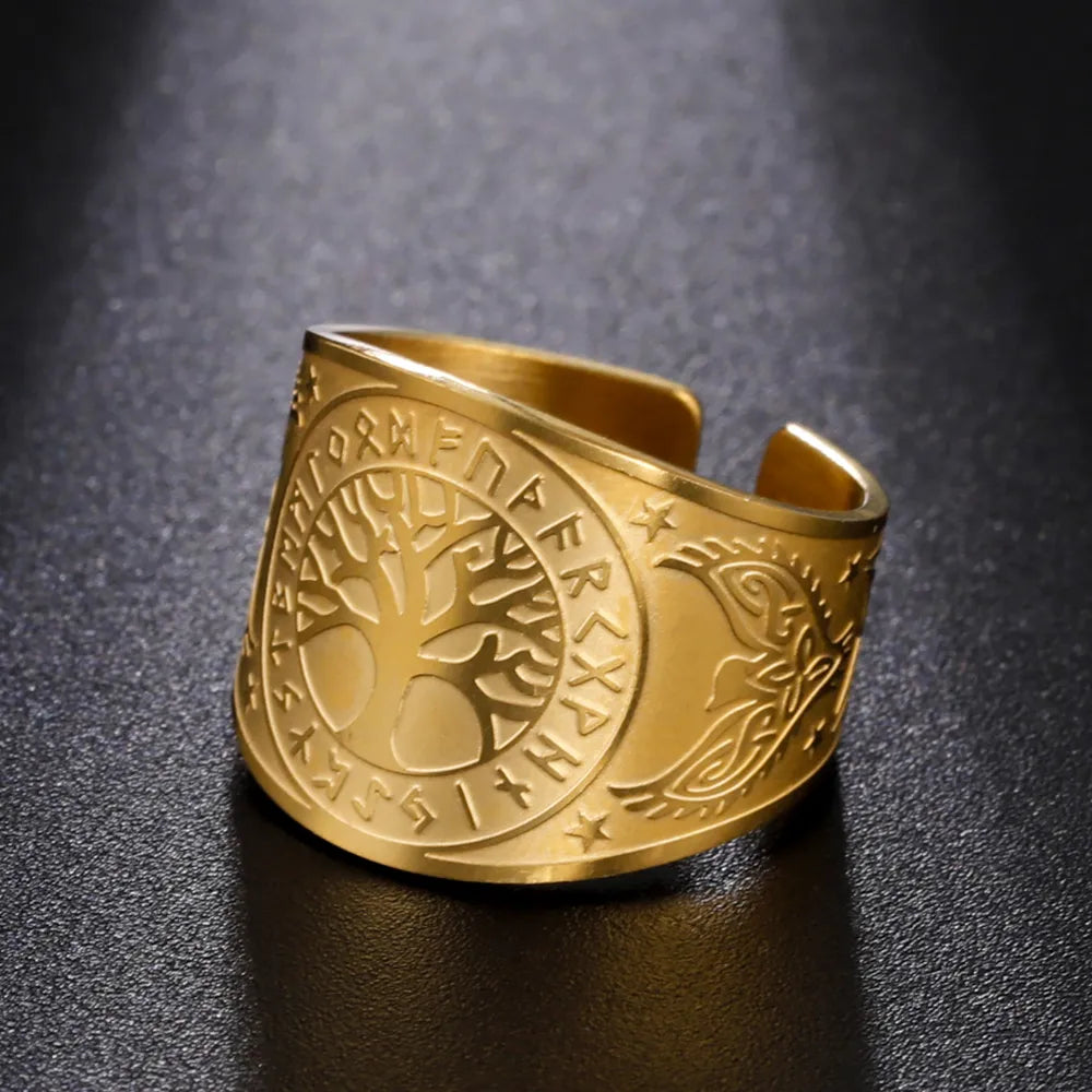 Anel Viking Yggdrasil Runas Ajustável